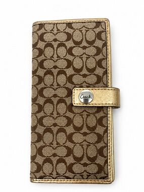 Coach Signature Tan Canvas Gold Leather Trim Credit Card Bifold Wallet